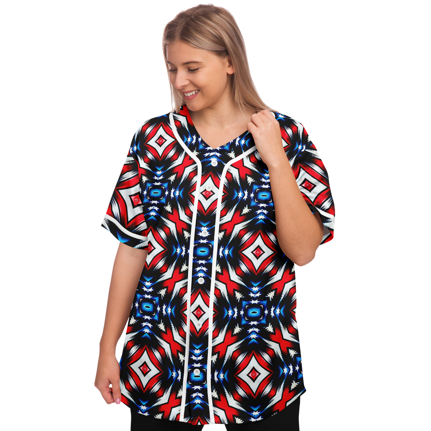 Women's Red White Blue Geometric Pattern All-Over Print Baseball Jersey