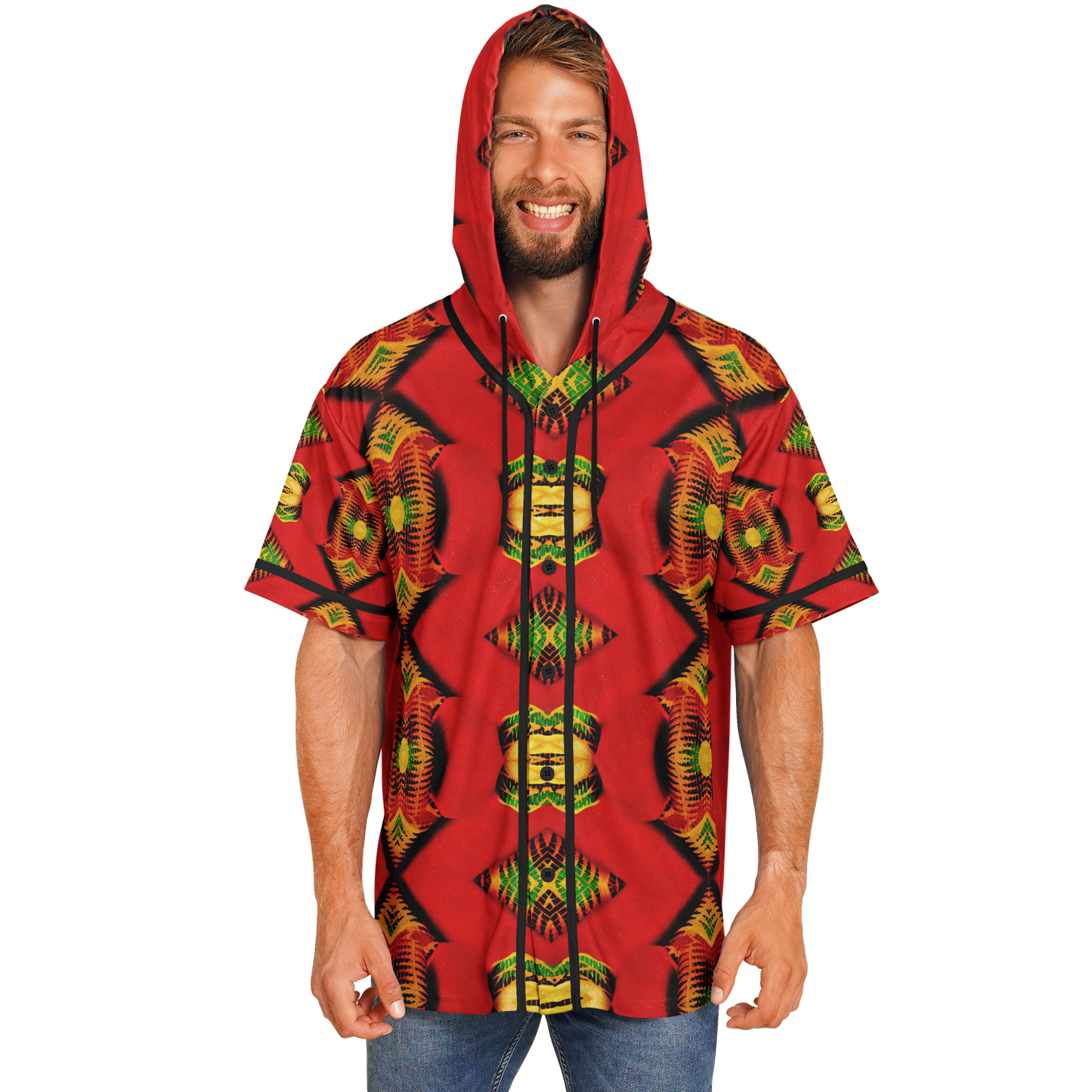 Men's Red Bold Tribal All-Over Print Hooded Baseball Jersey