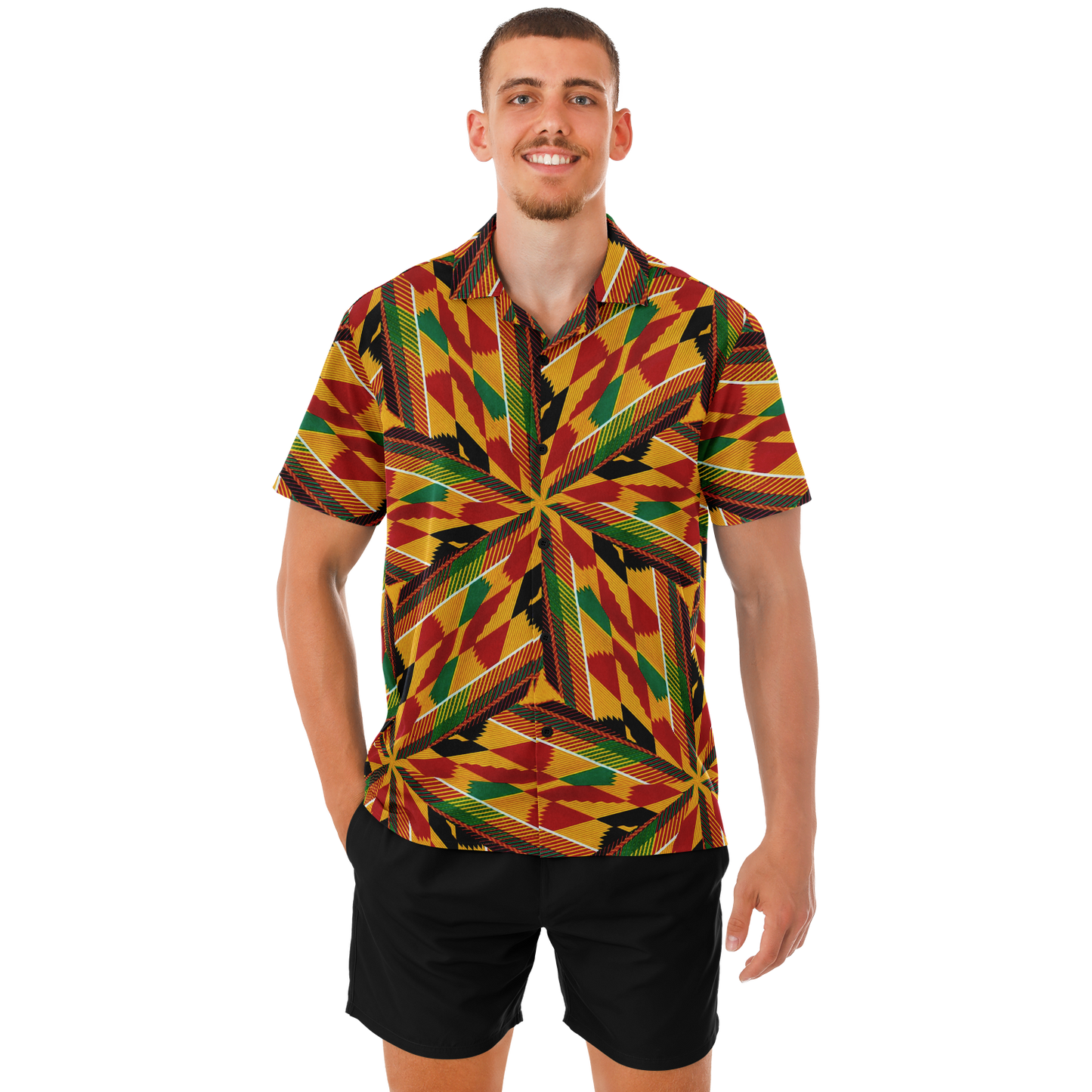 Men's African Kente Geometric Pattern All-Over Print Spread Collar Short Sleeve Button-Down Shirt
