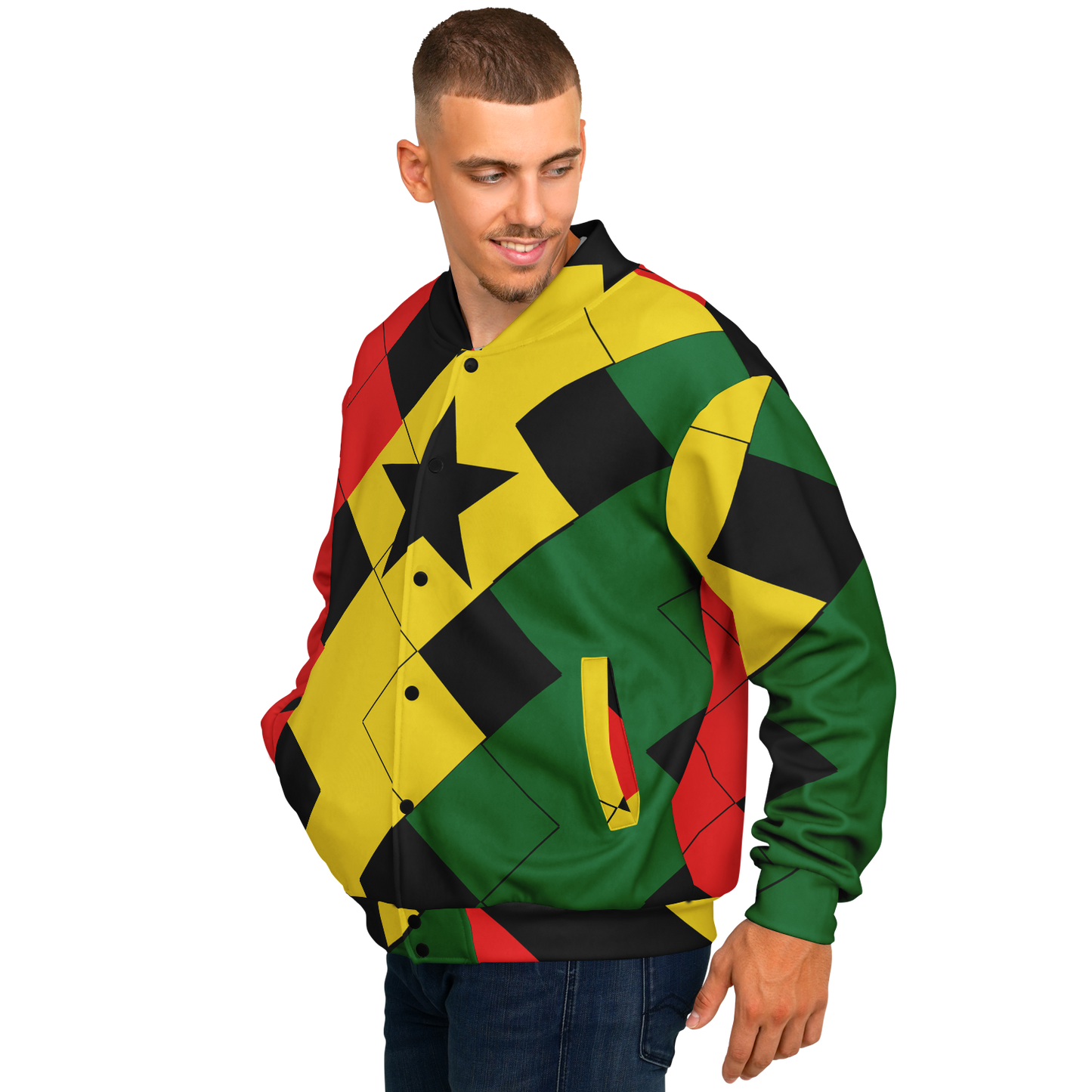Men's Ghana Flag & Black Star Pattern All-Over Print Baseball Jacket