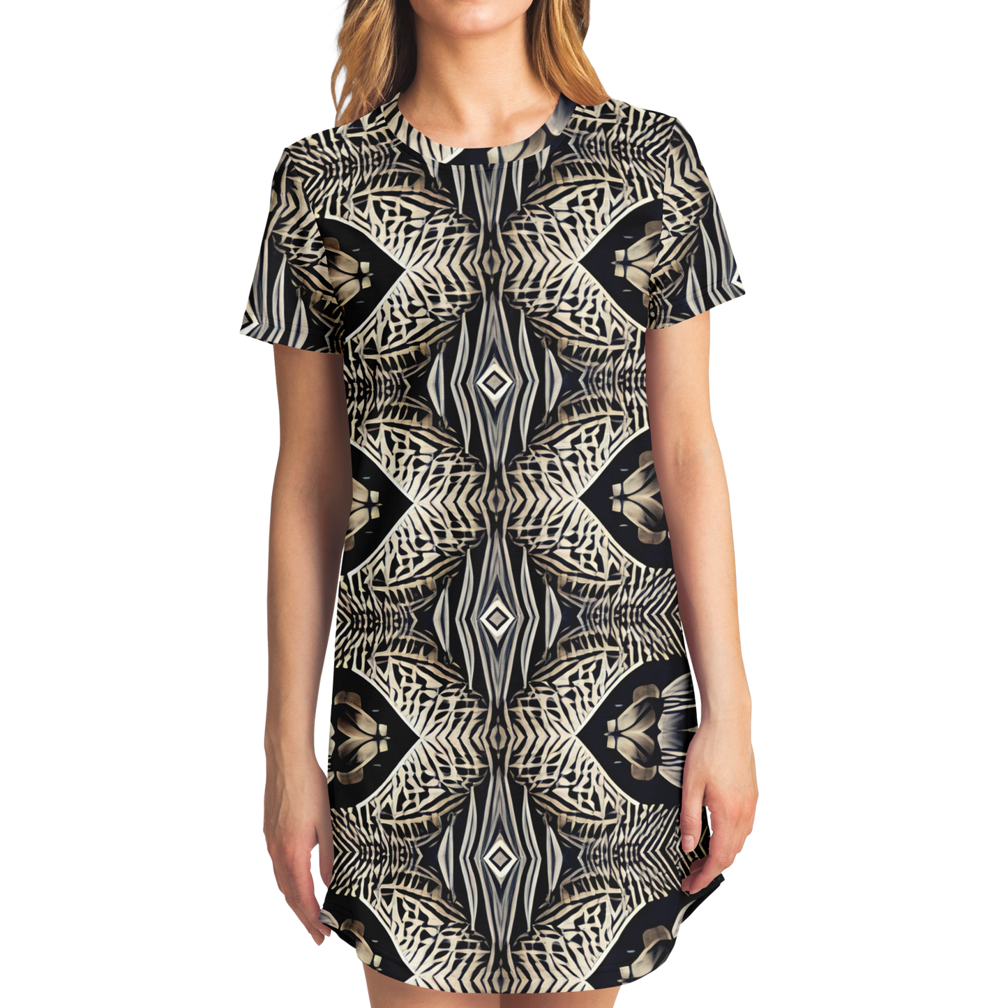 Women's Monochrome Geometric Kaleidoscope Pattern All Over Print T-Shirt Dress