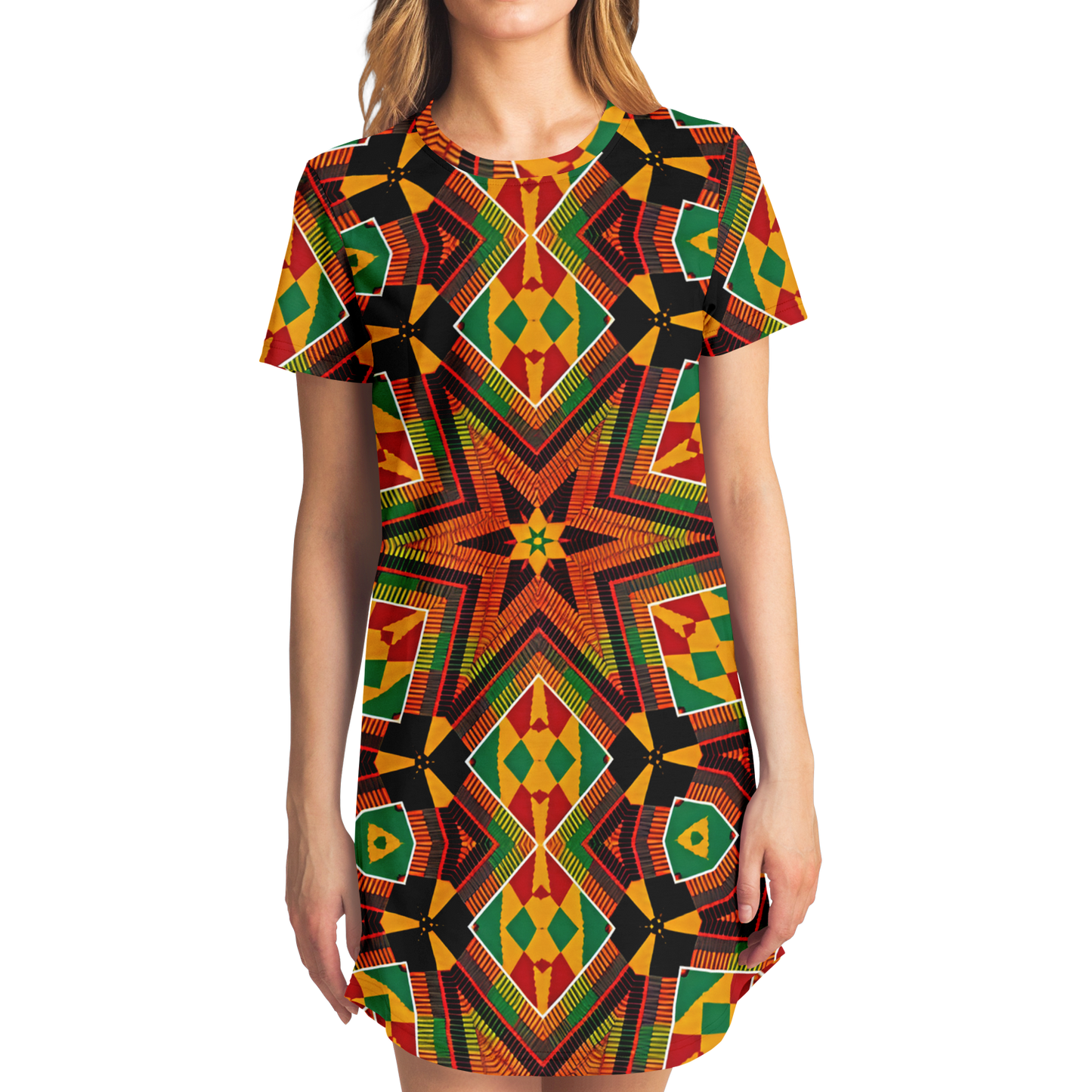 Women's African Kente Geometric Star Pattern All-Over Print T-Shirt Dress