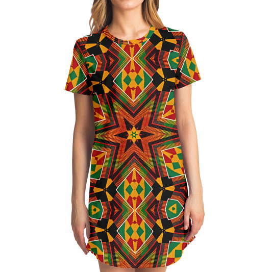 Women's African Kente Geometric Star Pattern All-Over Print T-Shirt Dress