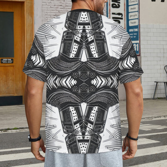 Men's Classic Black & White Geometric Pattern All Over Print All Over Print Ribbed Collar T-Shirt