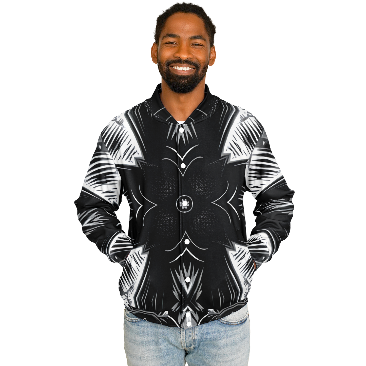 Men's Black & White Geometric Pattern All Over print All Over Print Baseball Jacket