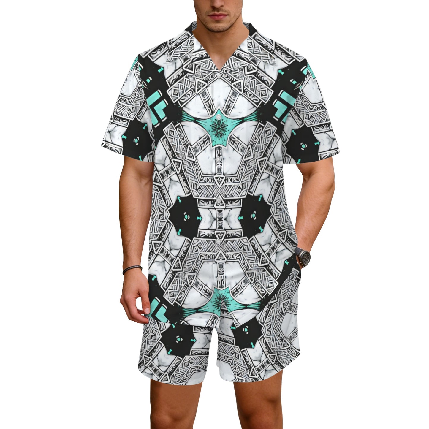 Men's Kaleidoscope Geometric Pattern All Over Print  Hawaiian Shirt & Shorts Set