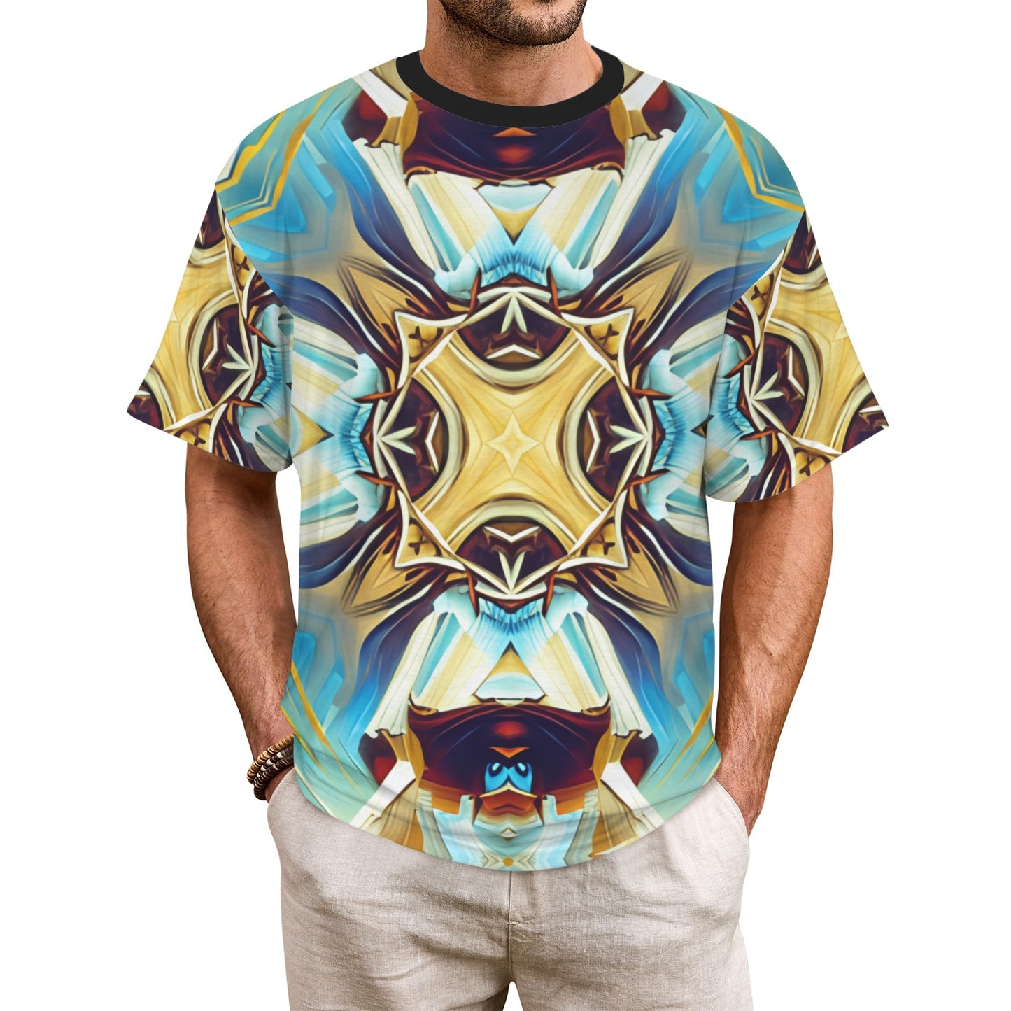 Men's Abstract Teal & Gold Pattern All Over Print Men's All Over Print Ribbed Collar T-Shirt.