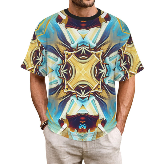 Men's Abstract Teal & Gold Pattern All Over Print Men's All Over Print Ribbed Collar T-Shirt.