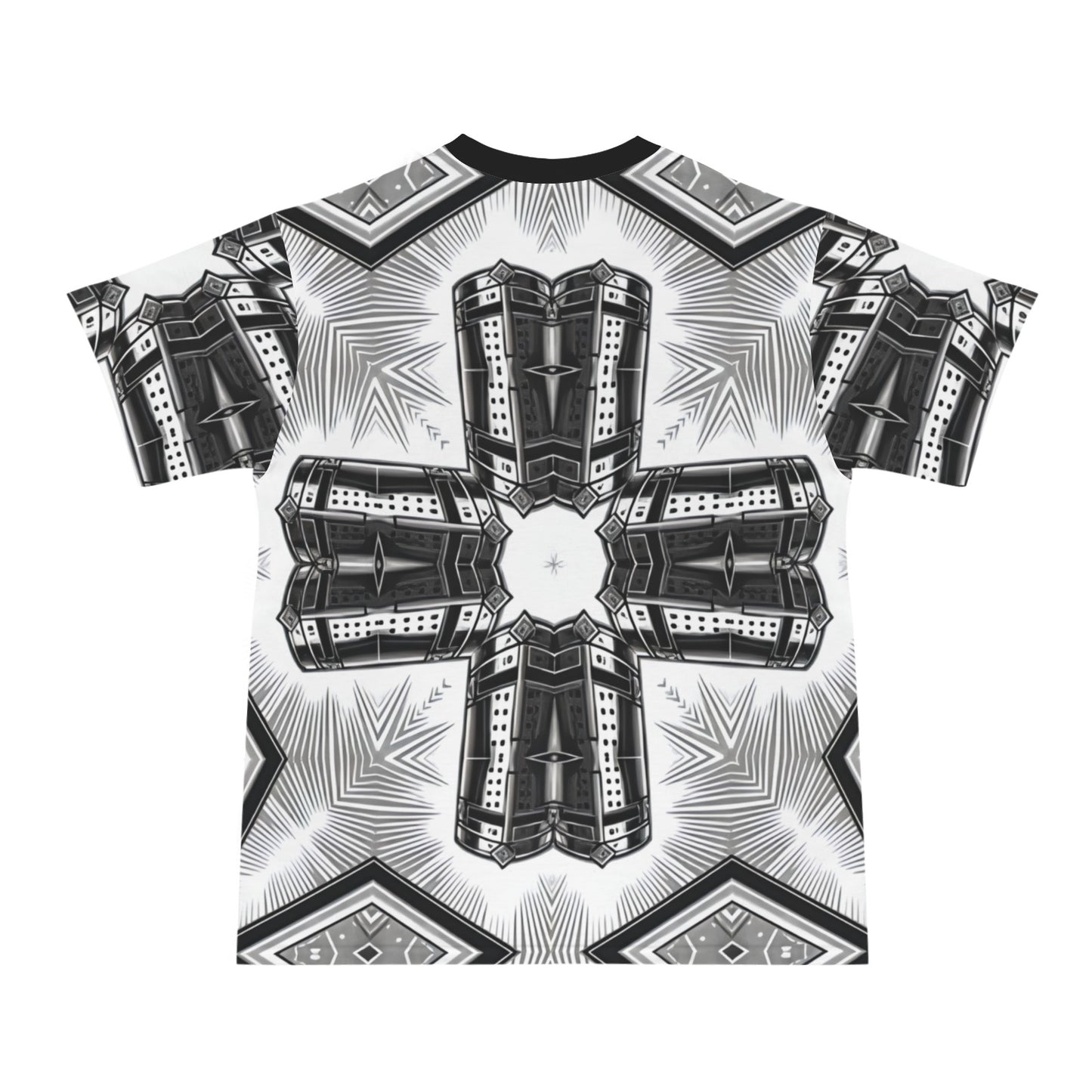 Men's Black & White Kaleidoscope Cross Pattern All Over Print All Over Print Ribbed Collar T-Shirt