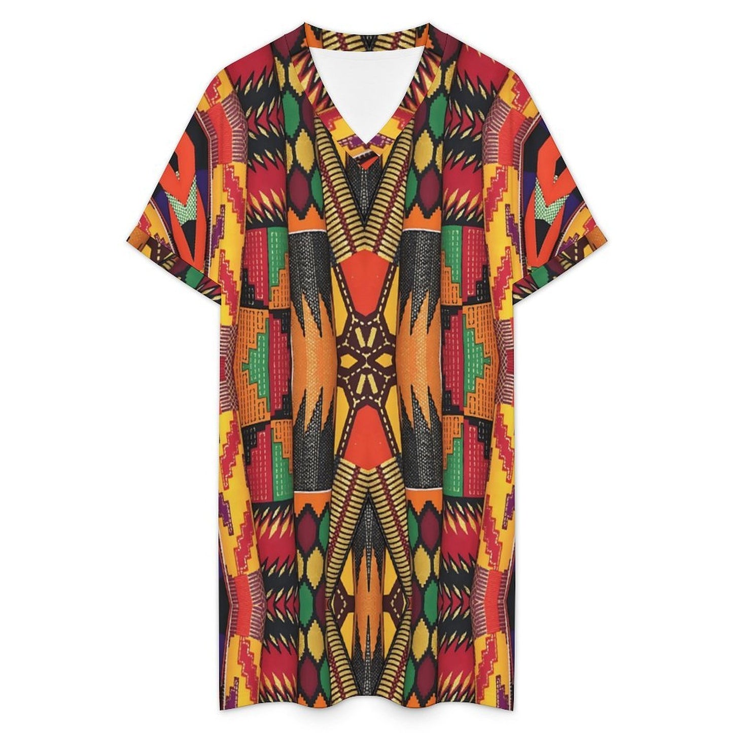 Women's Bold Colorful Aztec Pattern  All-Over Print Casual V-Neck Dress with Rolled Cuffs