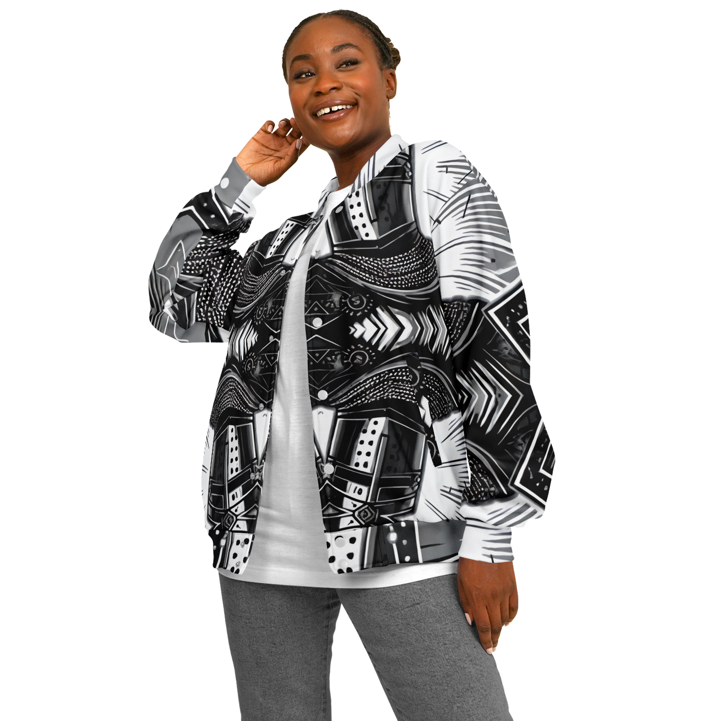 Women's Classic Black & White Geometric Pattern All Over Print Baseball Jacket