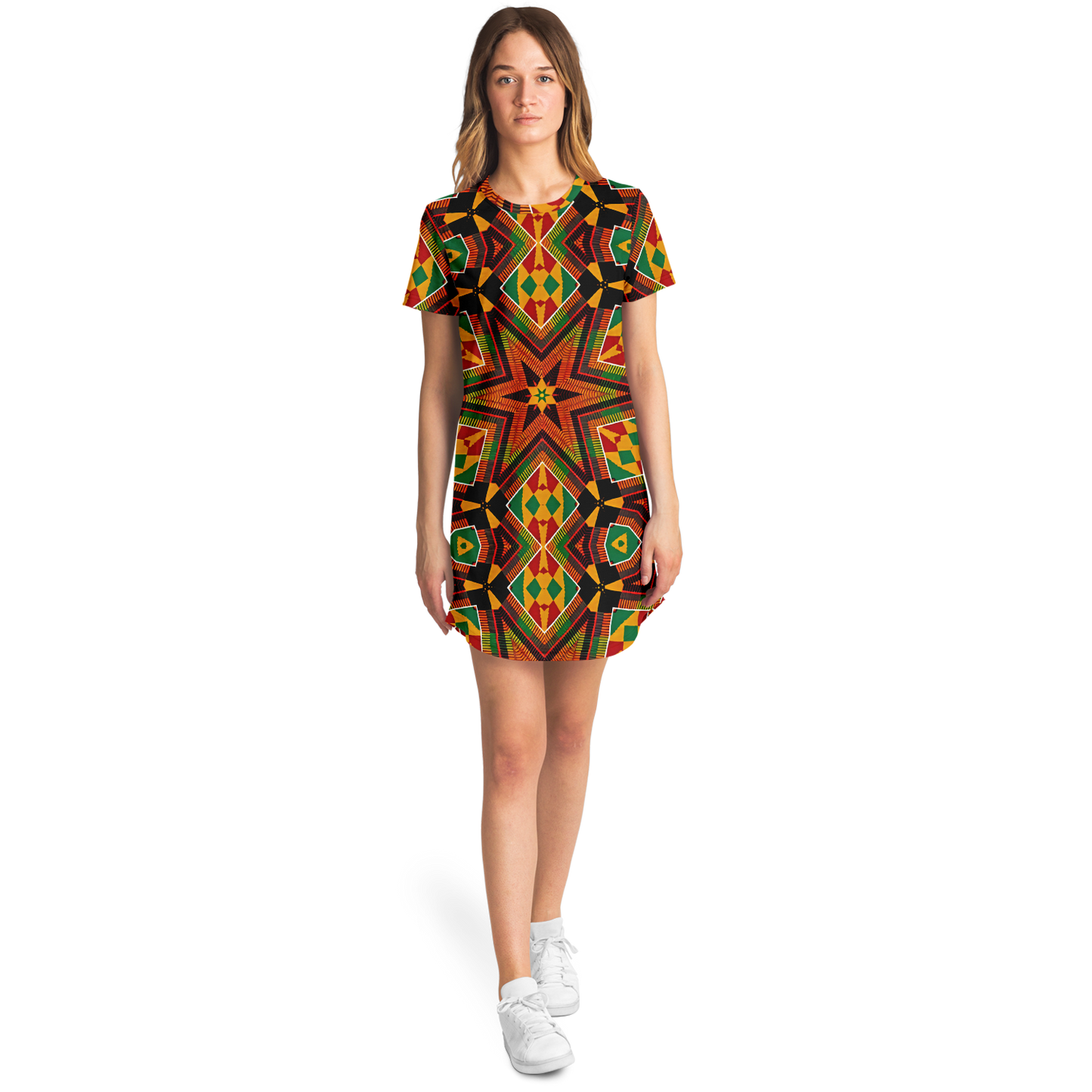 Women's African Kente Geometric Star Pattern All-Over Print T-Shirt Dress