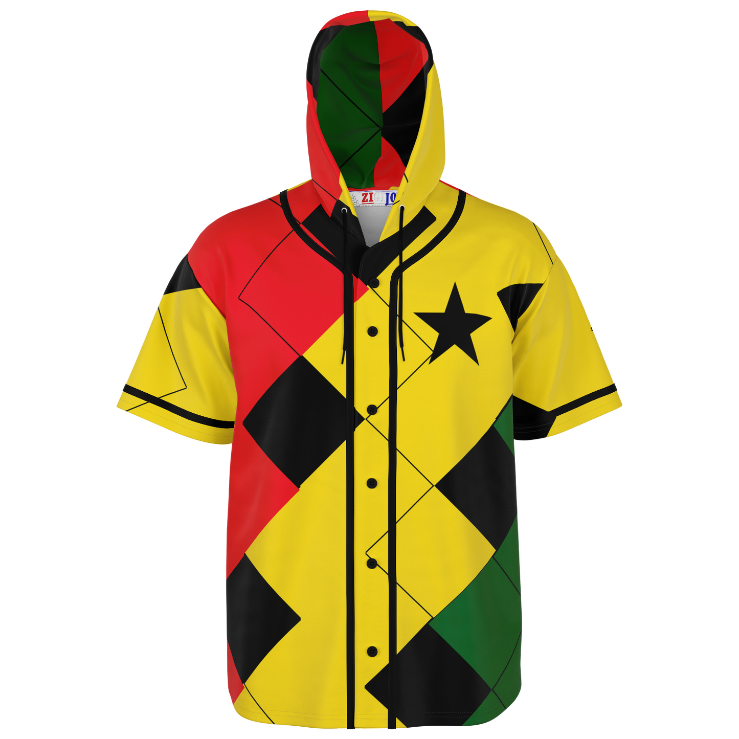 Men's Ghana Flag & Black Star Pattern All-Over Print Hooded Baseball Jersey
