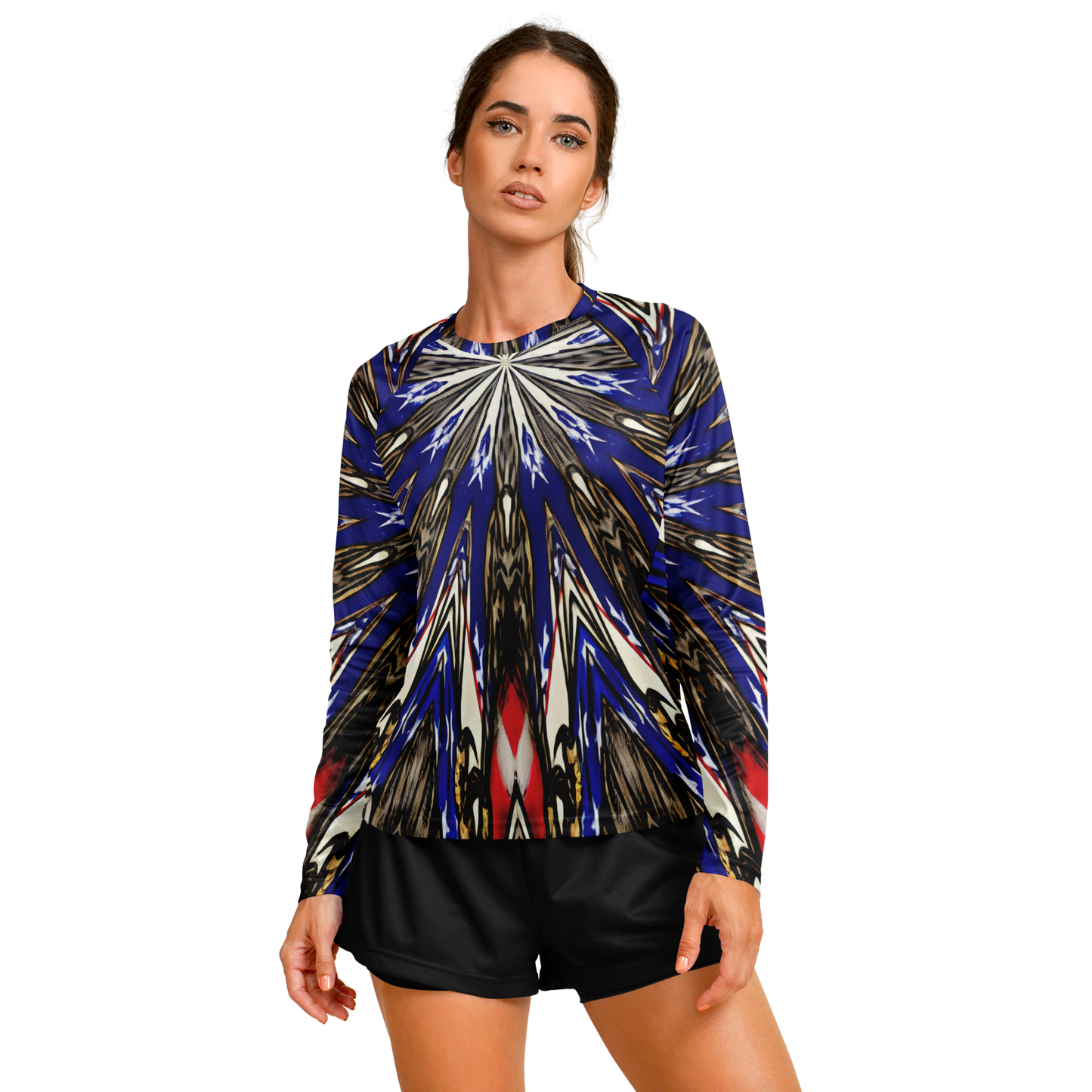 Women's Starburst Patriotic Colors Pattern All-Over-Print Long Sleeve Performance Shirt