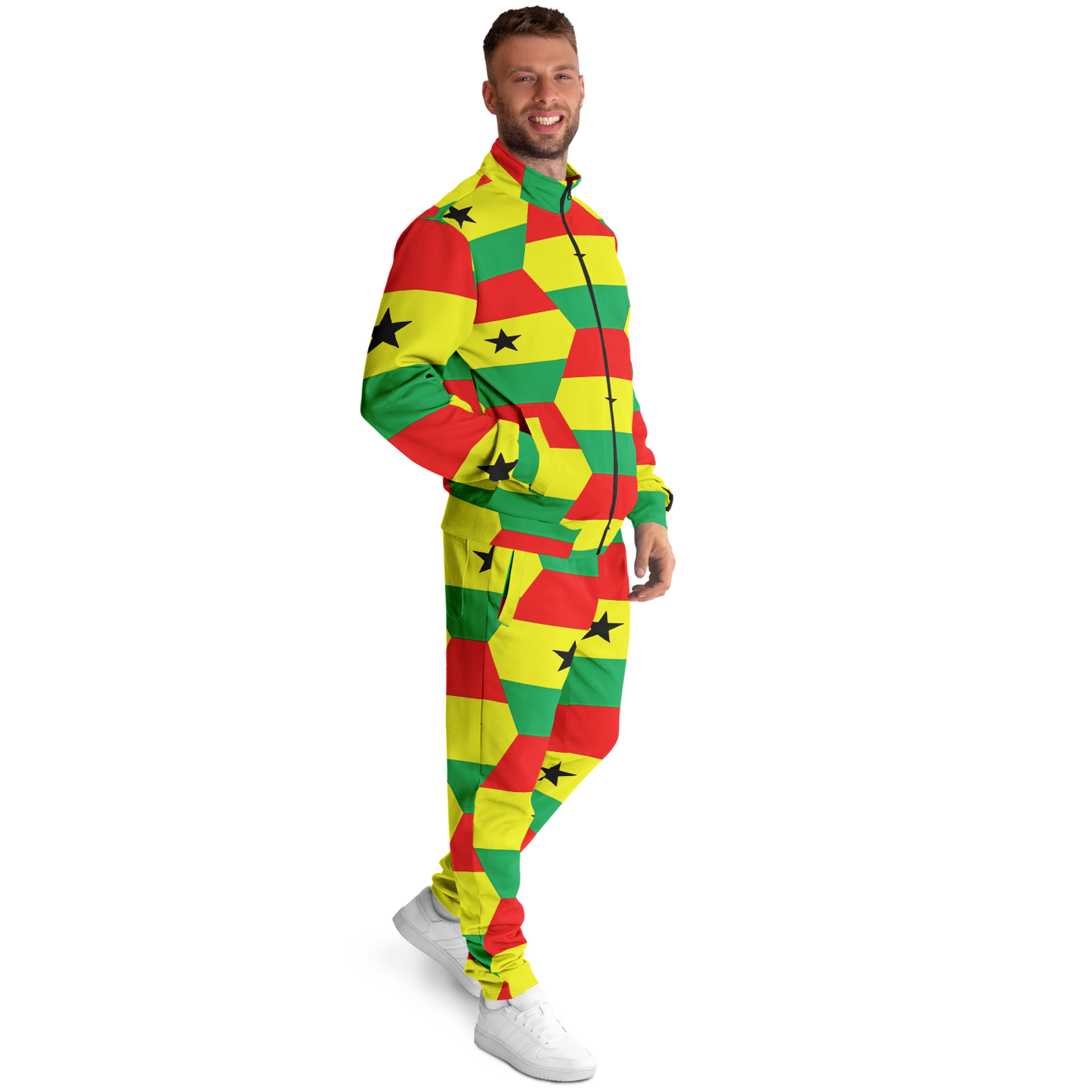 Men's Red Yellow Green Stars Flag Hex Pattern Track Jacket and Pants