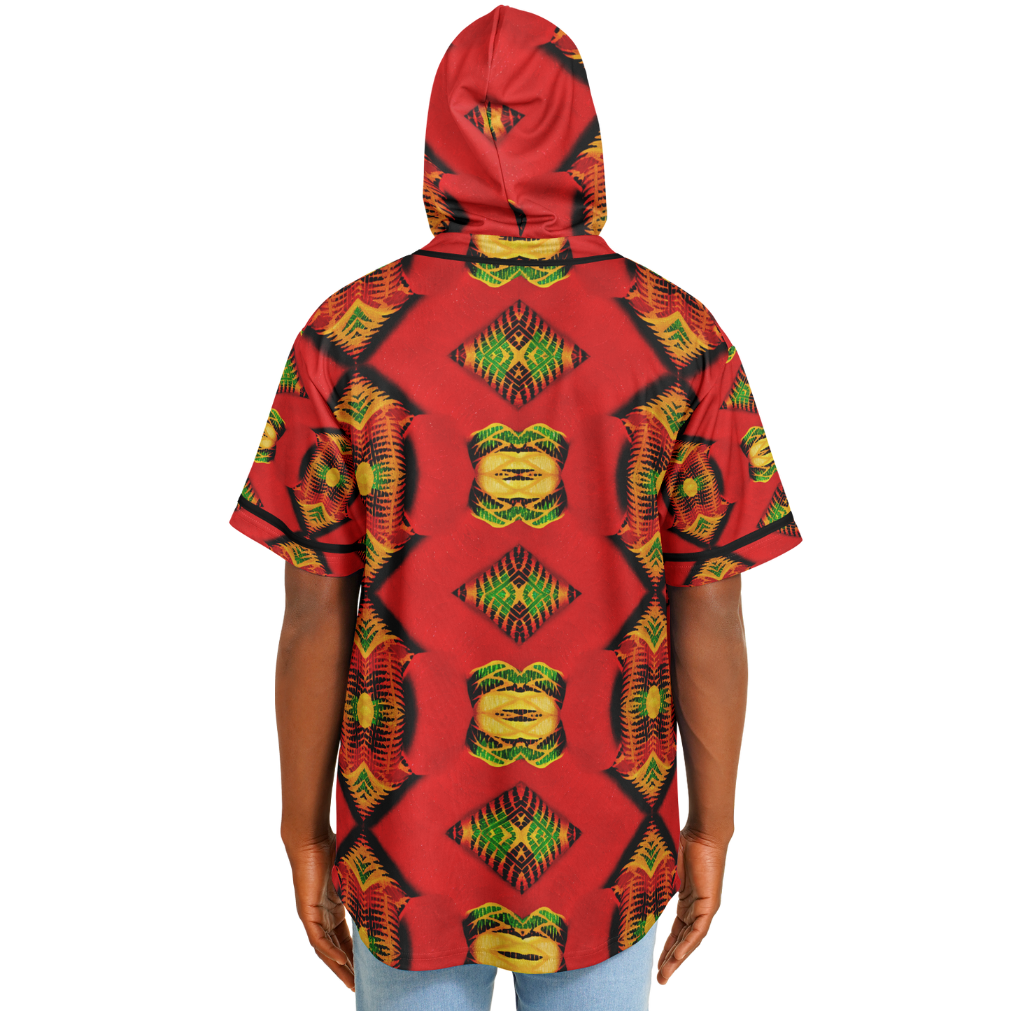 Men's Red Bold Tribal All-Over Print Hooded Baseball Jersey