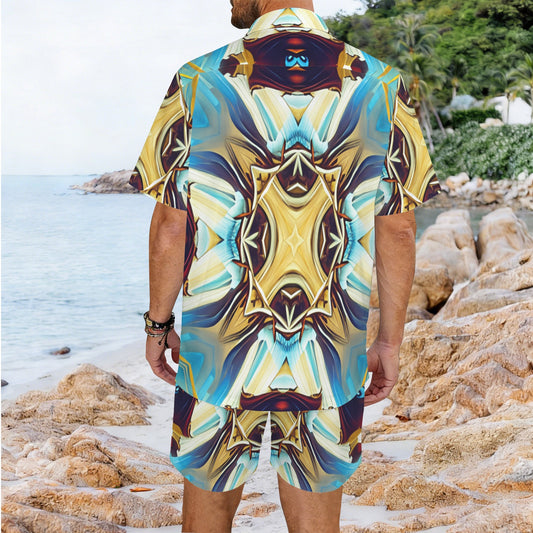 Men's Abstract Teal & Gold Pattern All Over Print Hawaiian Shirt & Shorts Set