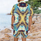 Men's Abstract Teal & Gold Pattern All Over Print Hawaiian Shirt & Shorts Set