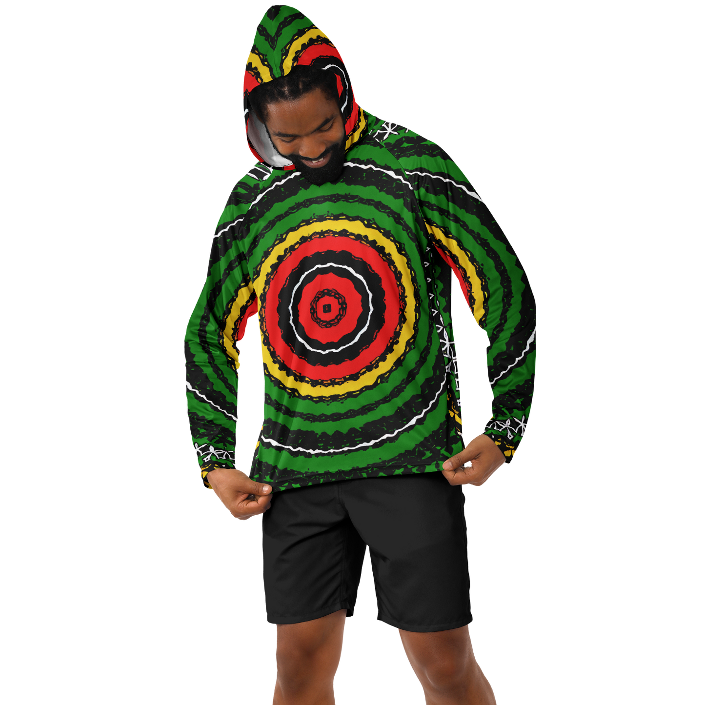 Men's Green Striped with Vibrant Accent Pattern All Over print Long Sleeve Hooded Performance Shirt