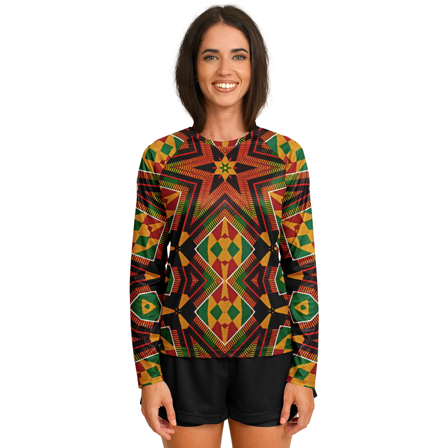 Women's African Kente Geometric Star Pattern All-Over Print Long Sleeve Performance Shirt