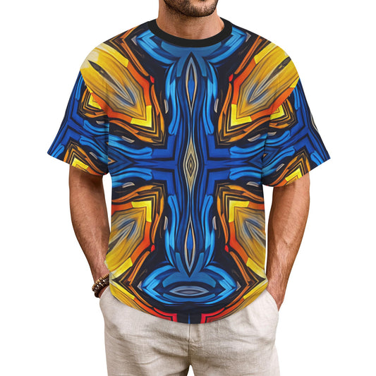 Men's Bold Blue & Gold Abstract Pattern All-Over Print All Over Print Ribbed Collar T-Shirt.