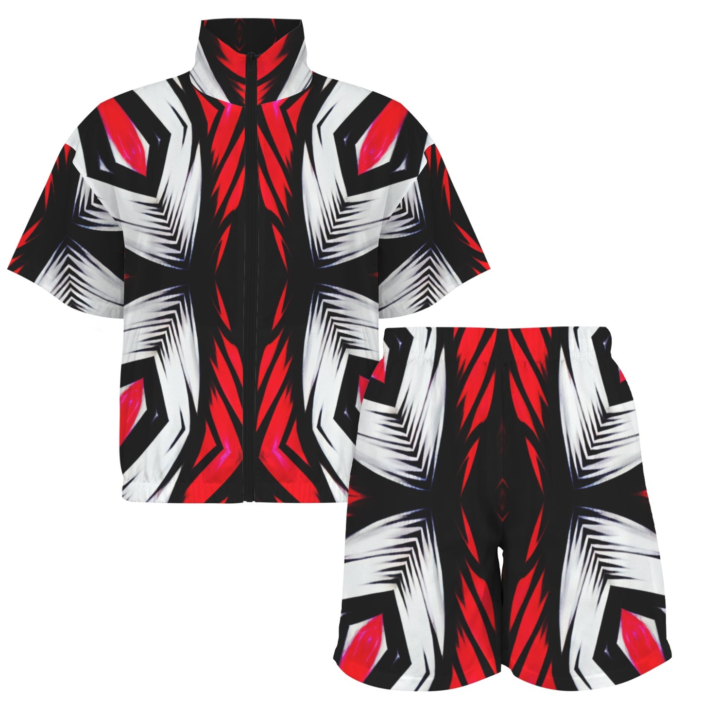 Women's Abstract Red, White & Black Pattern All-Over Print Windbreaker Short Set