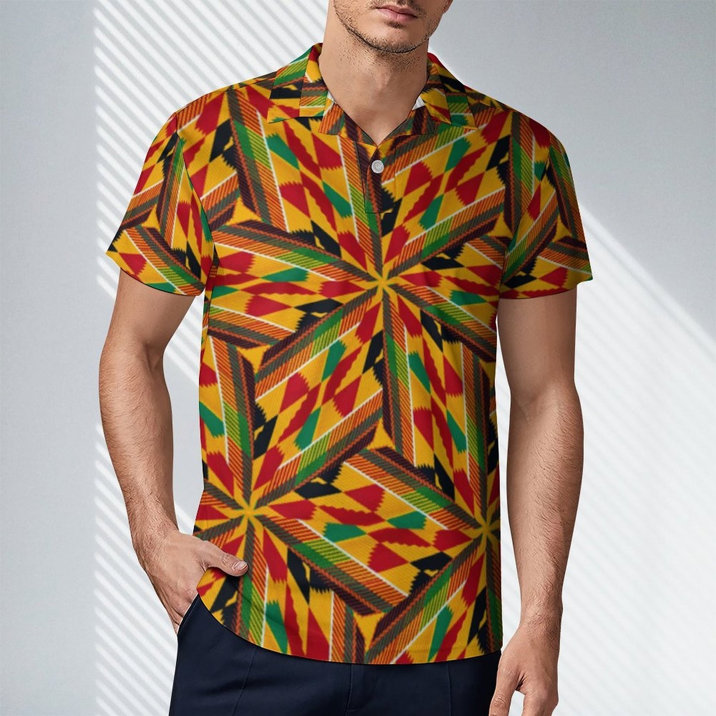 Men's Vibrant African Kente Geometric All-Over Print Premium Ice Silk Polo Shirt