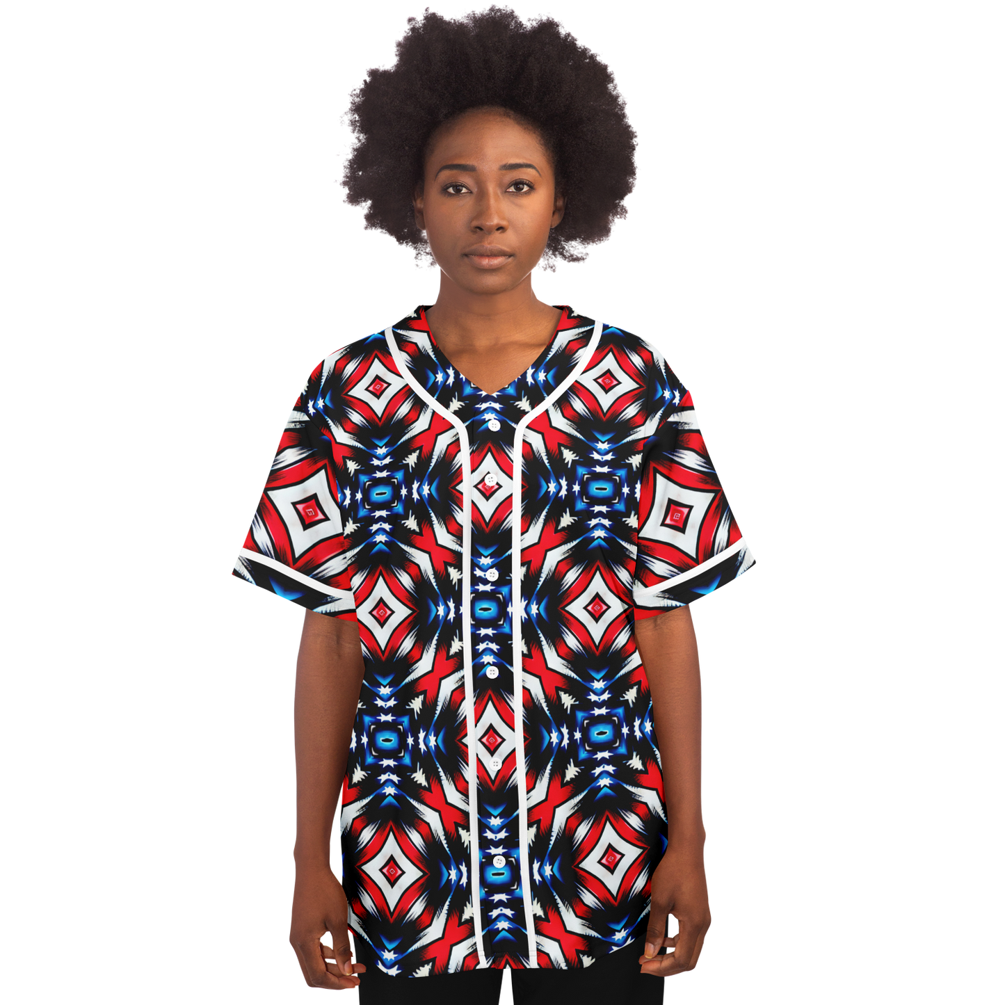 Women's Red White Blue Geometric Pattern All-Over Print Baseball Jersey