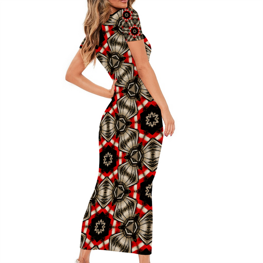 Women's Round Neck Long Dress Short Sleeve Bodycon Pencil Dress