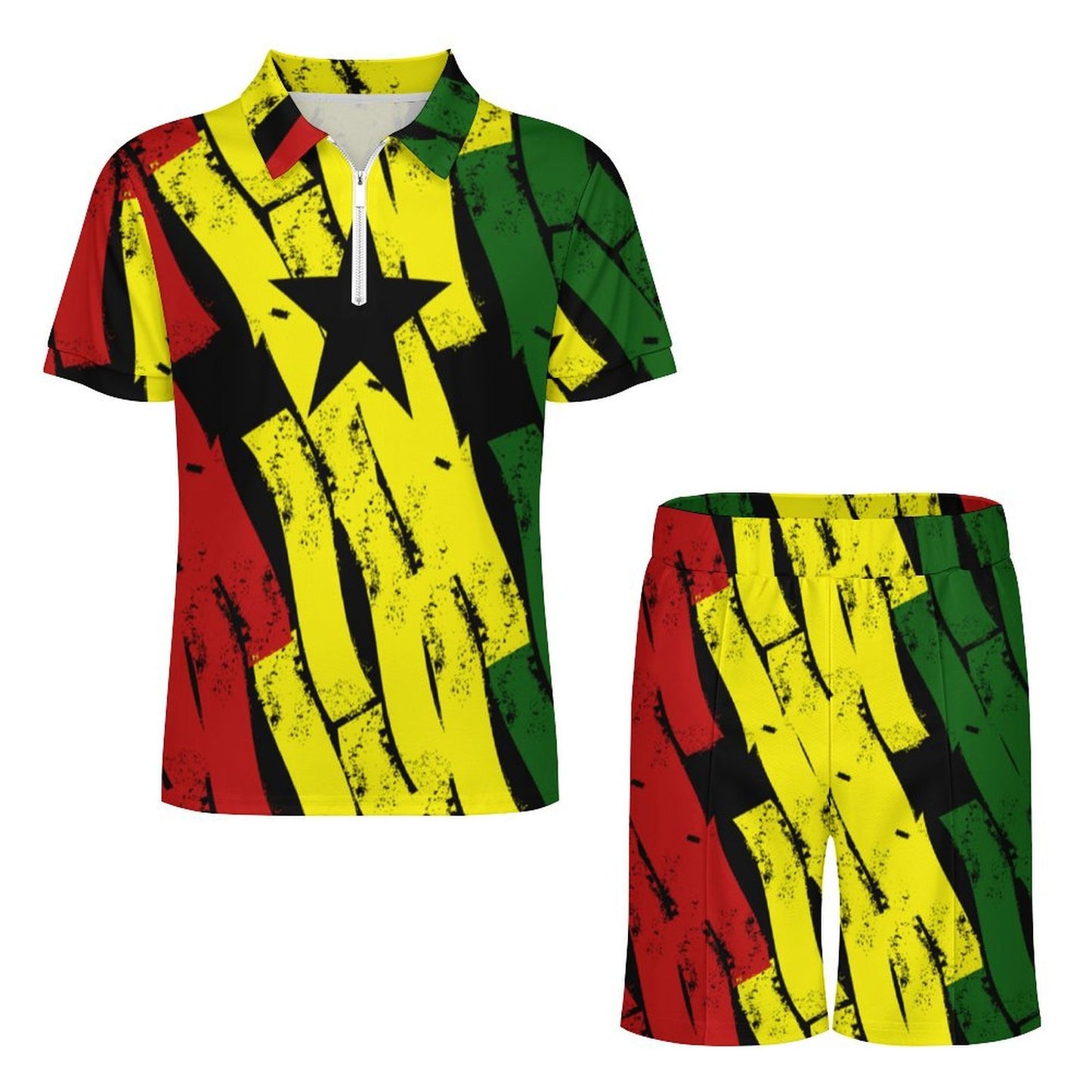 Men's Red Yellow Green and Black Stars Zip-Up Polo Set