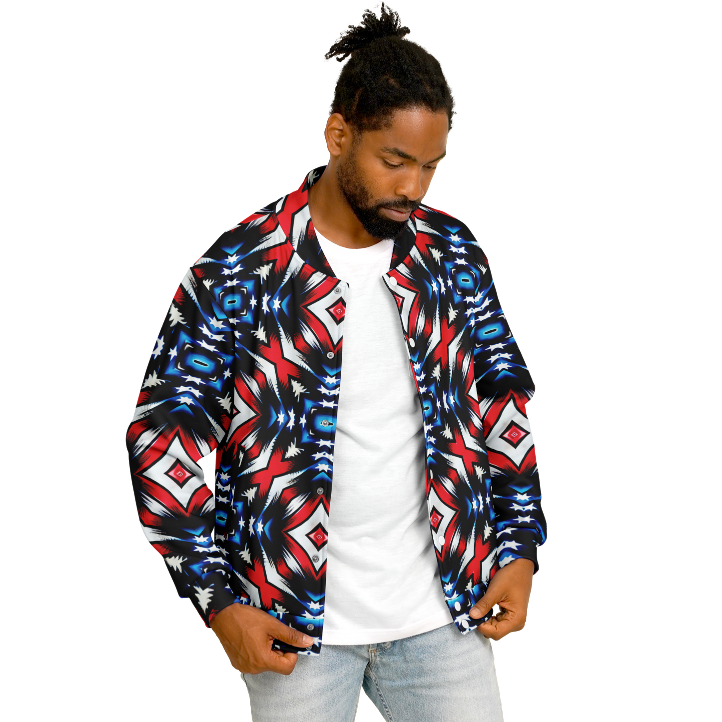 Men's Red White Blue Geometric Pattern All-Over Print Baseball Jacket