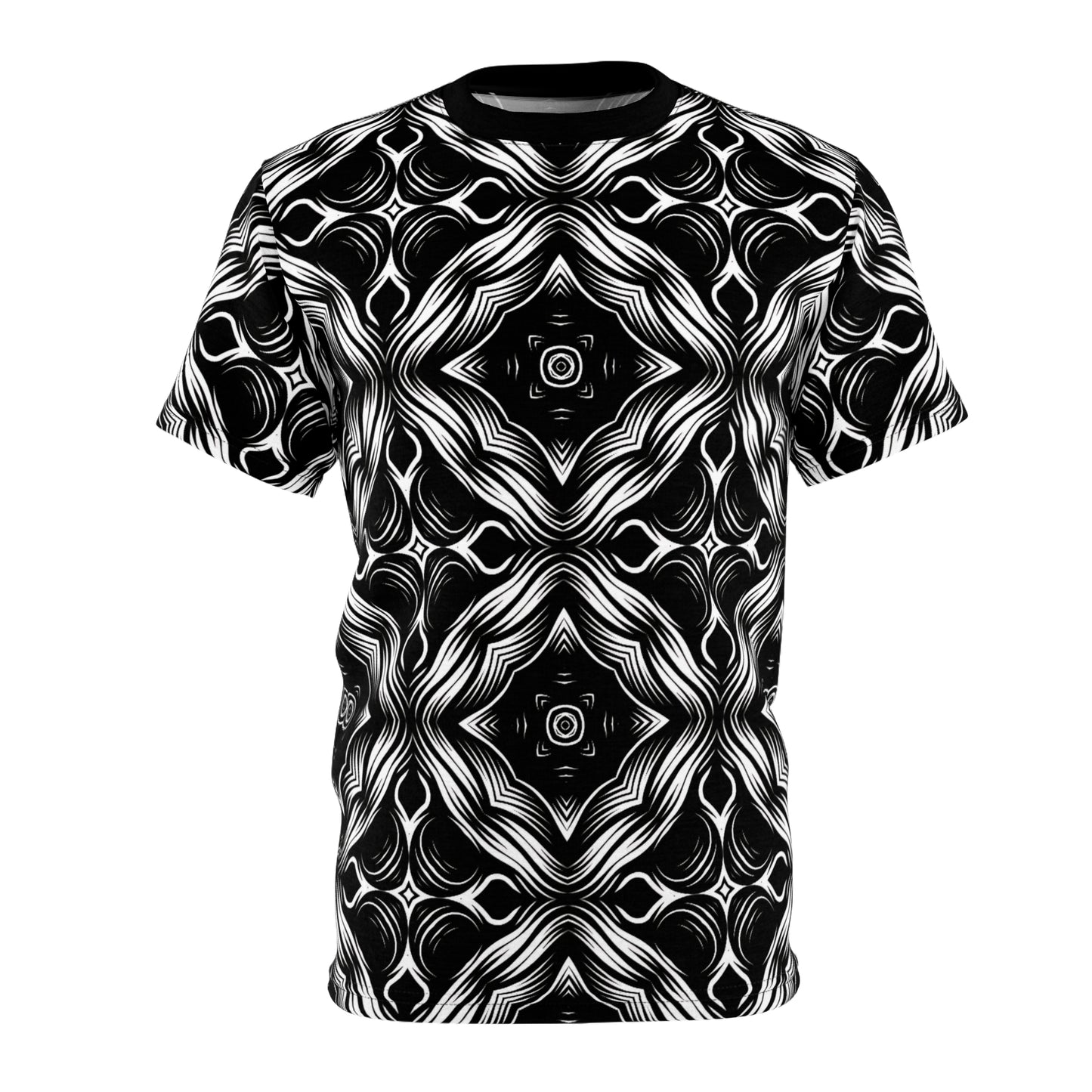 Women's Black & White Kaleidoscope Pattern All-Over Print Graphic Shirt