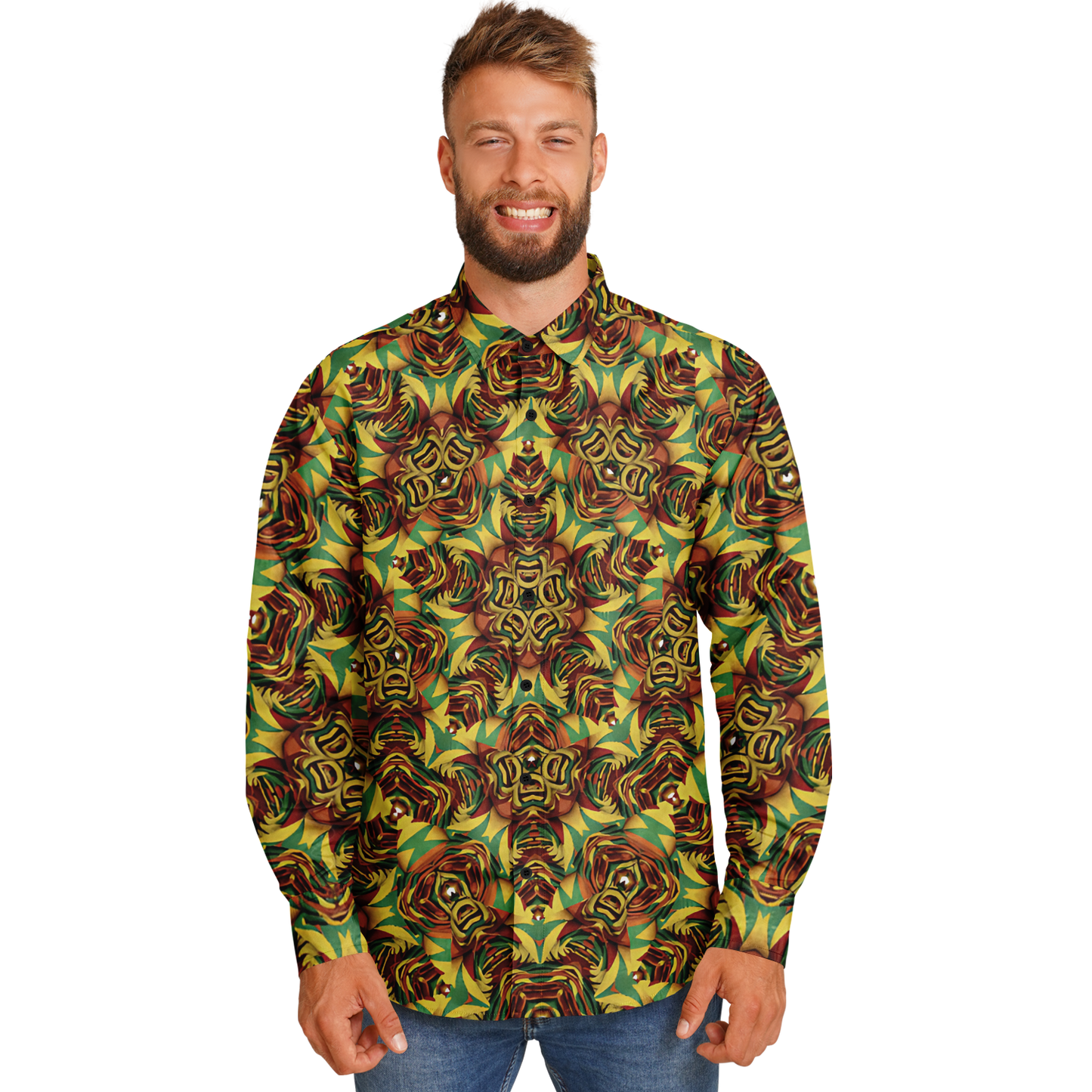 Men's Vibrant Geometric Pattern Spread Collar Long Sleeve Button-Down All Over Print Shirt.