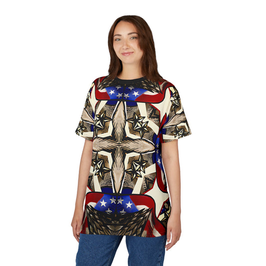 Women's Patriotic Star Kaleidoscope Pattern All-Over Print Unisex Cut & Sew Tee.