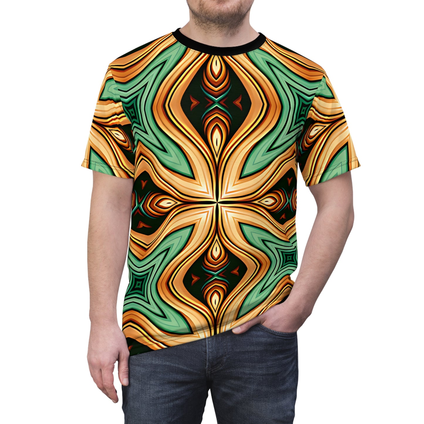 Men's Green & Gold Psychedelic Floral Pattern All-Over Print Tee