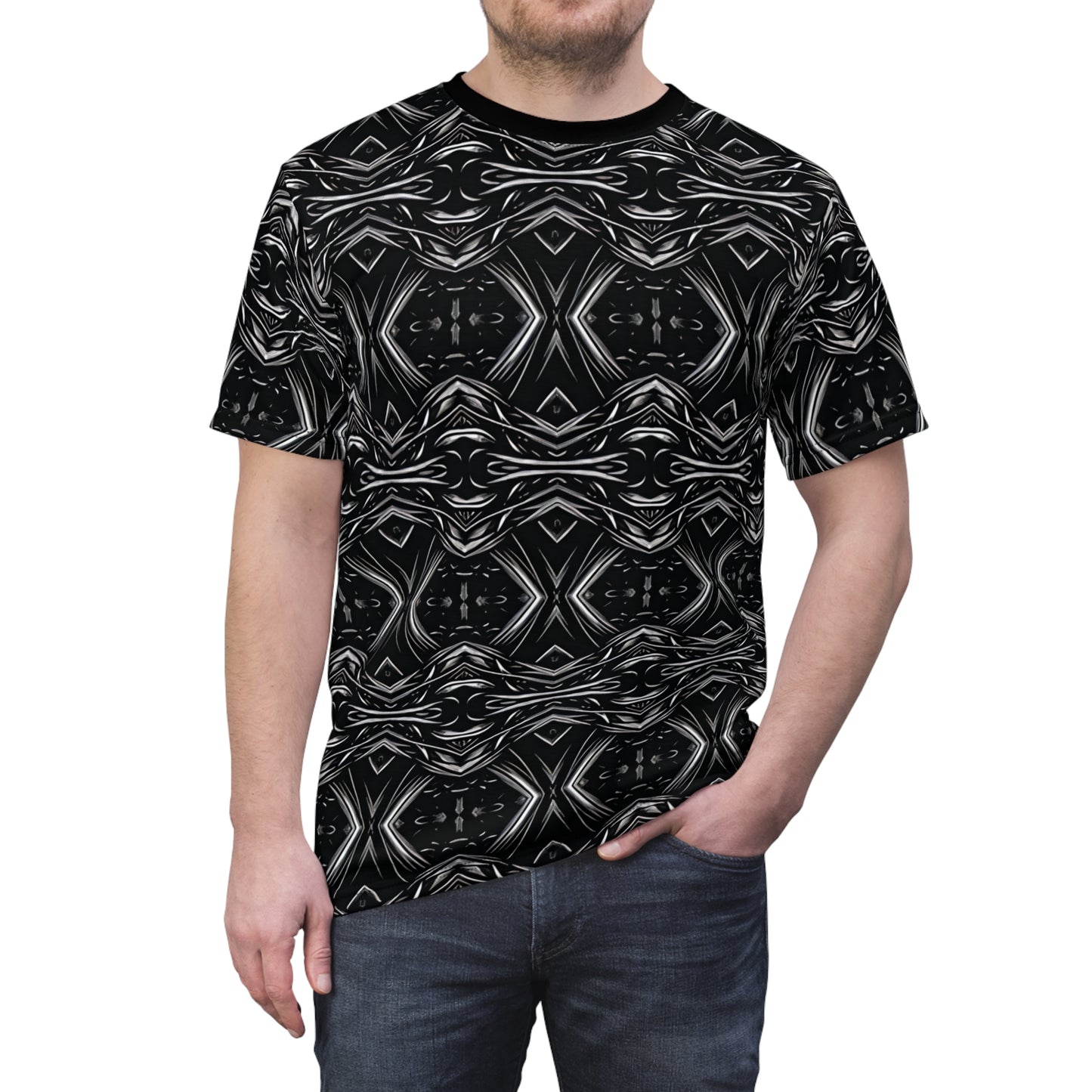 Men's Black Geometric Kaleidoscope Pattern All-Over Print Tee