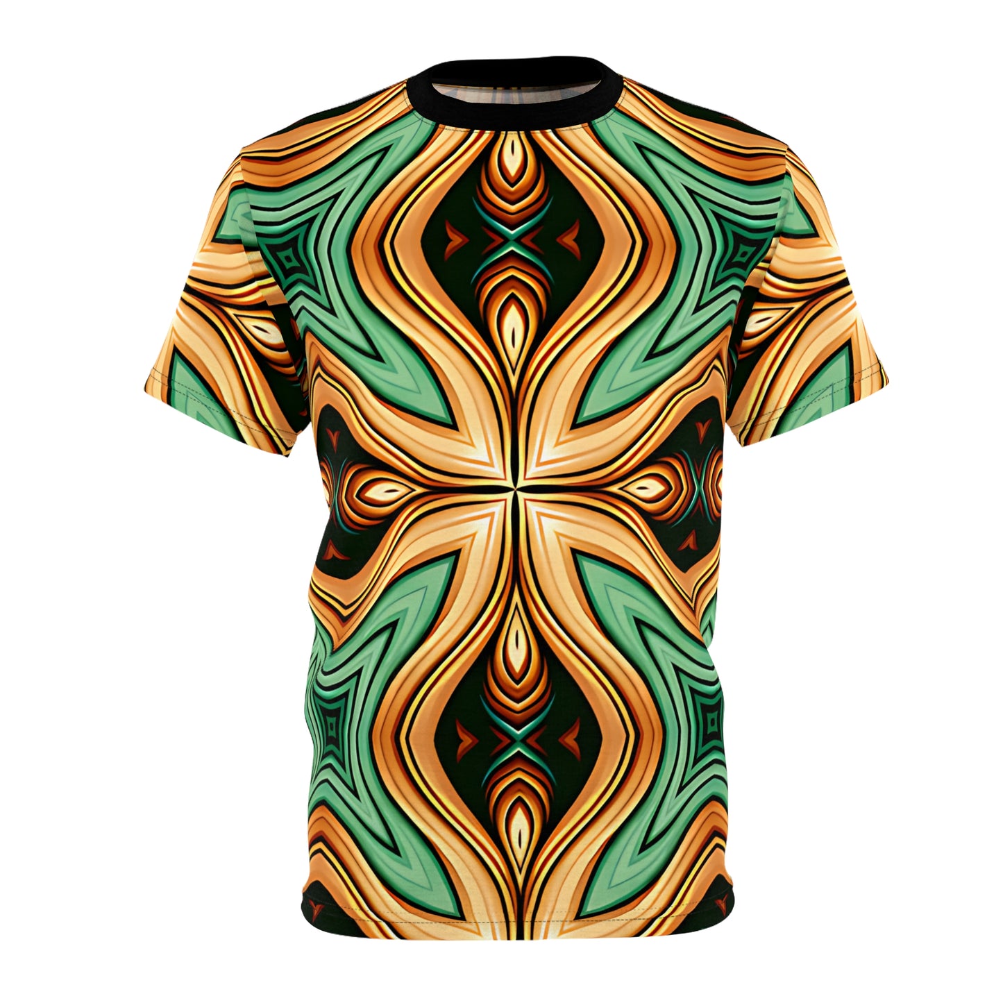 Men's Green & Gold Psychedelic Floral Pattern All-Over Print Tee