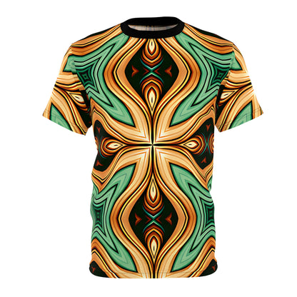 Men's Green & Gold Psychedelic Floral Pattern All-Over Print Tee