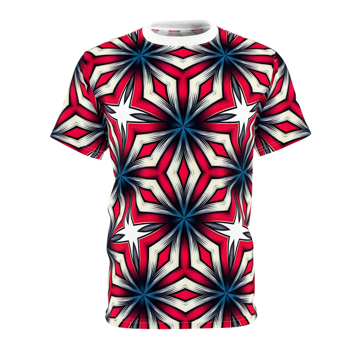 Women's Red, White & Blue Geometric Star Pattern All-Over Print Unisex Cut & Sew Tee