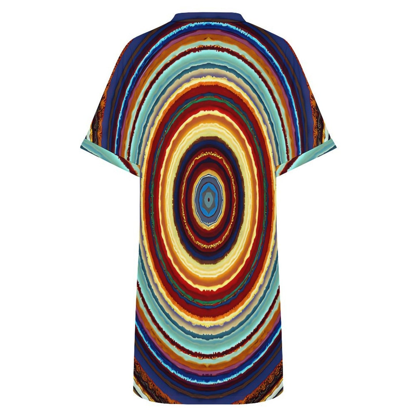 Women's Retro Radiant Circle Pattern All-Over Print Casual V-Neck Dress with Rolled Cuffs