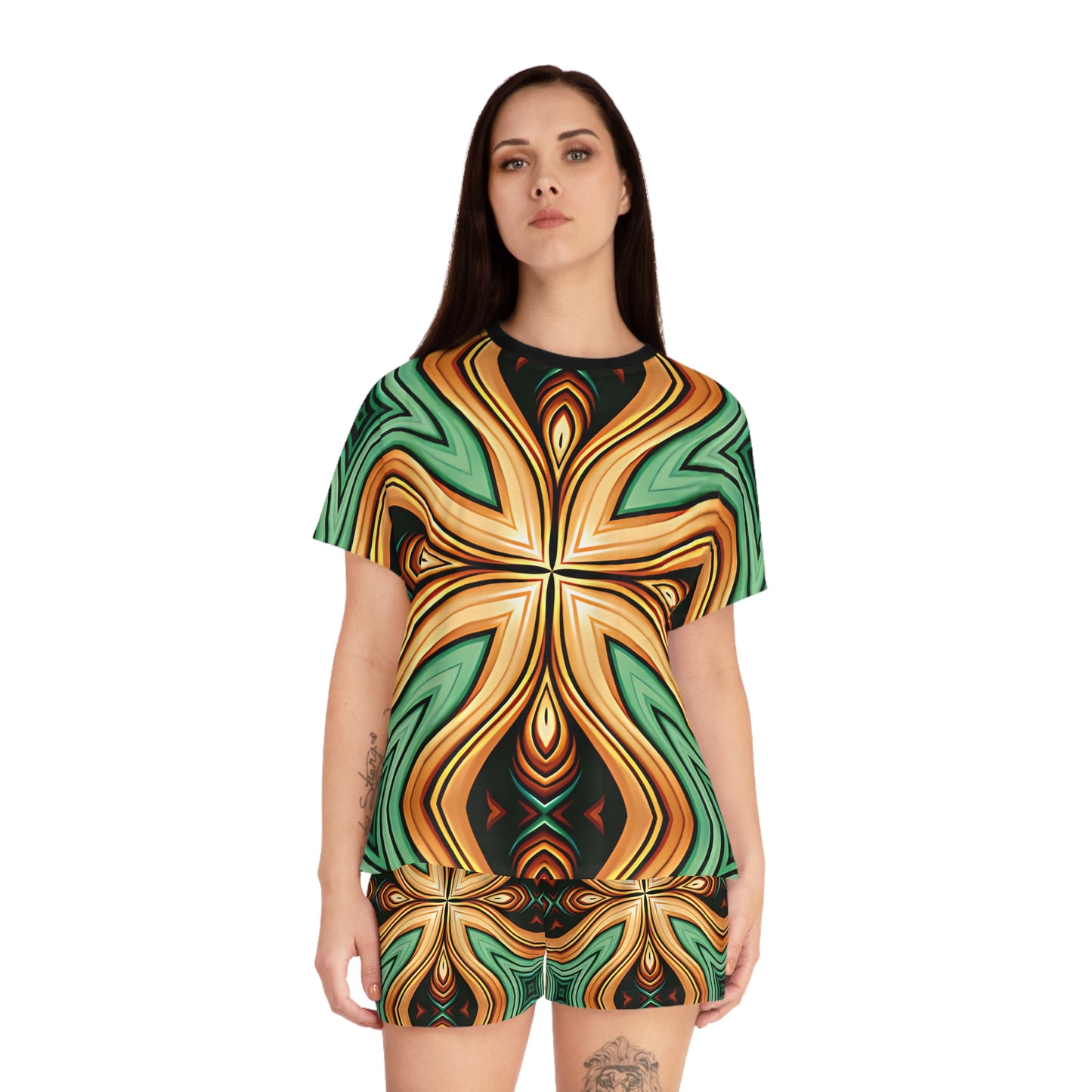 Women's Green & Gold Psychedelic Floral Pattern All-Over Print Short Pajama Set