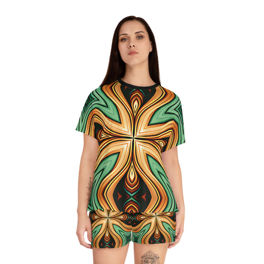 Women's Green & Gold Psychedelic Floral Pattern All-Over Print Short Pajama Set