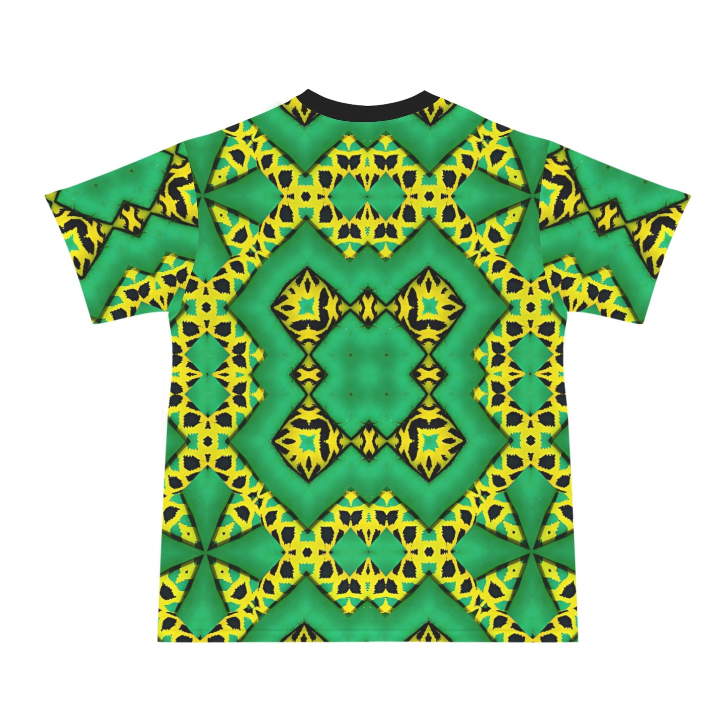 Men's Bold Green & Yellow Kaleidoscope Pattern All-Over Print Ribbed Collar T-Shirt