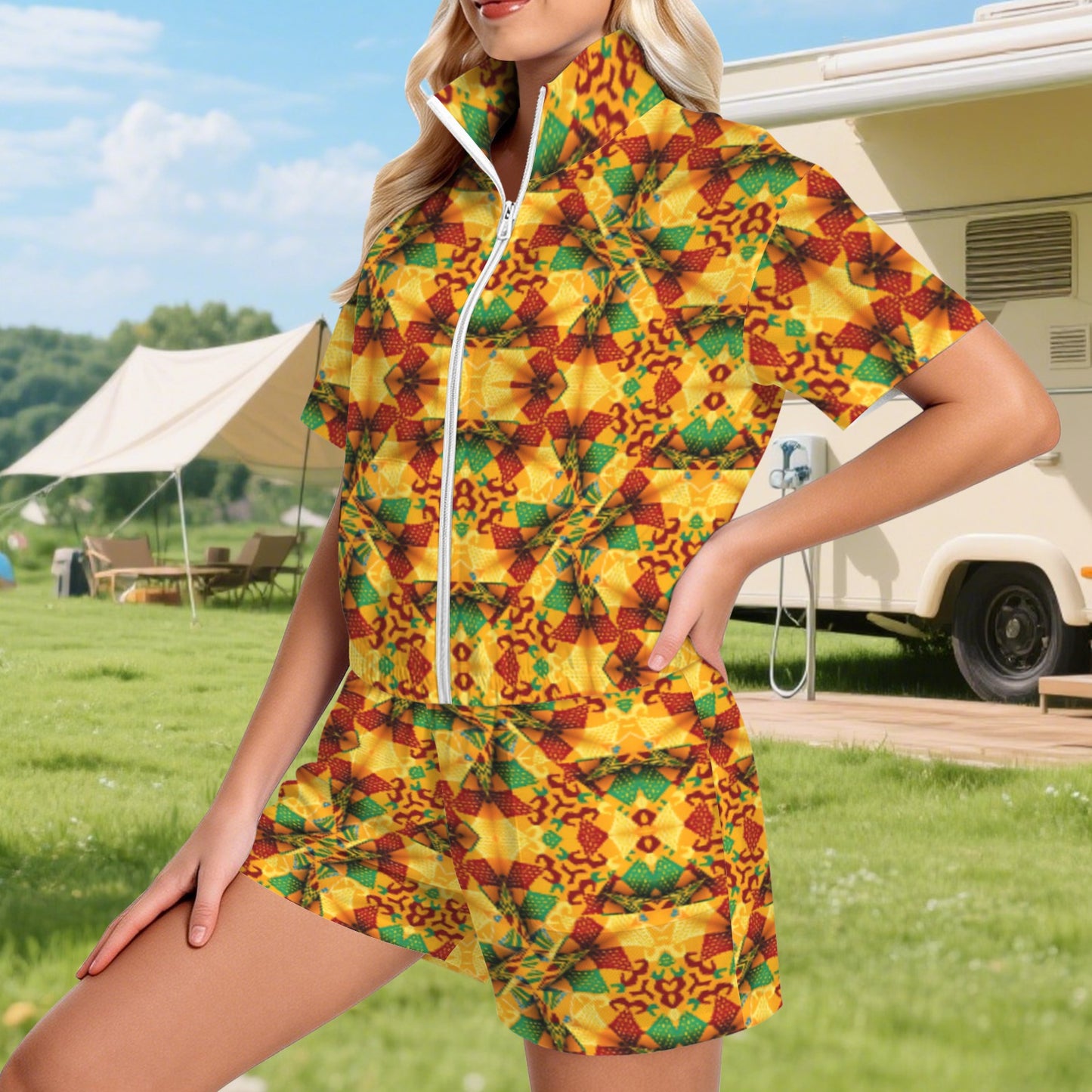 Women’s Vibrant Autumn Kaleidoscope Pattern All Over Print Windbreaker Short Set