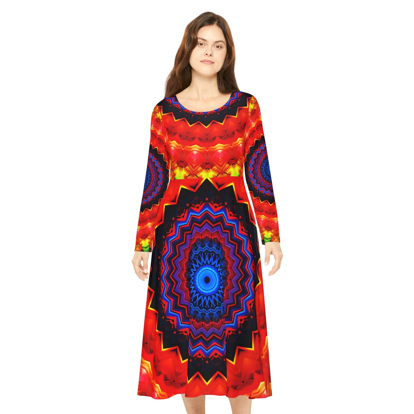 Women's Psychedelic Mandala Long-Sleeve Twirl All-Over Print  Dance Dress