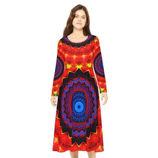 Women's Psychedelic Mandala Long-Sleeve Twirl All-Over Print Dance Dress
