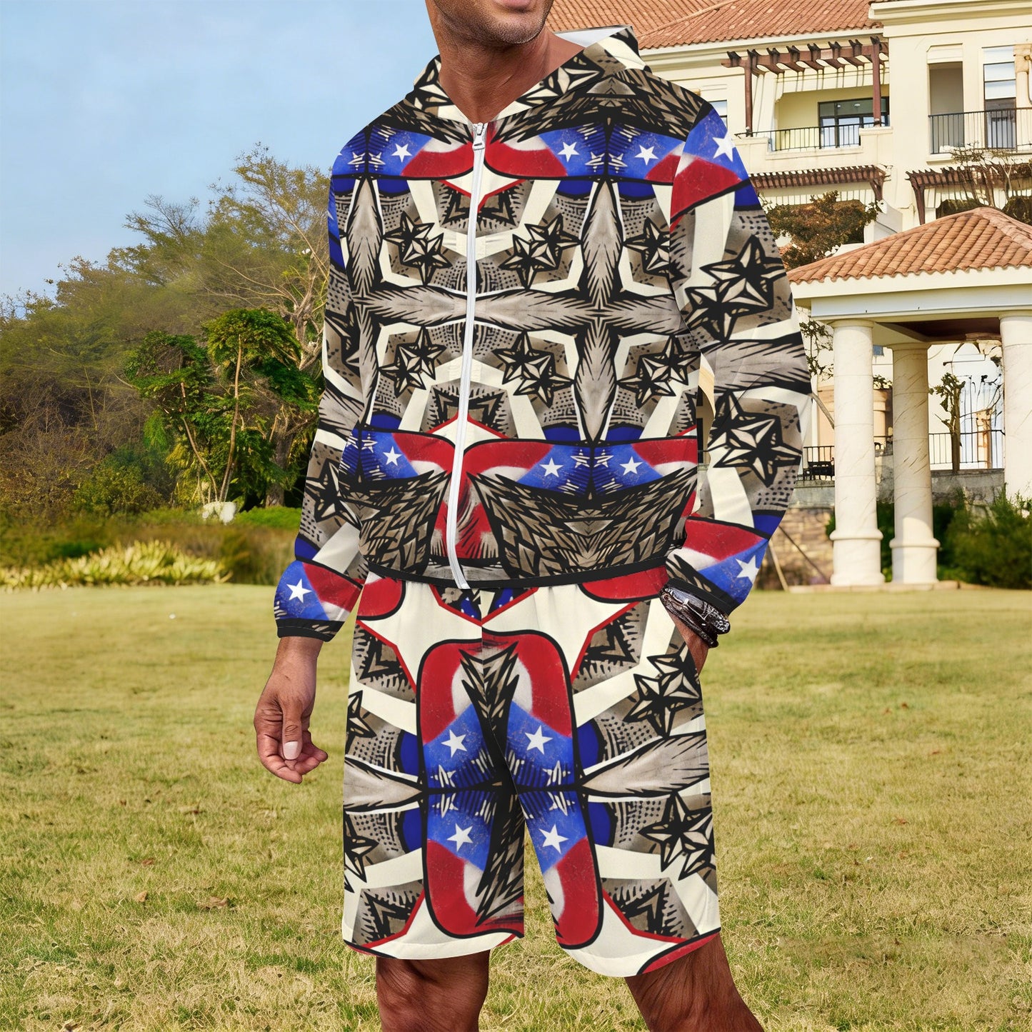 Men's Patriotic Stars & Cross Kaleidoscope Pattern All-Over Print Lightweight Sun Hoodie & Shorts Set