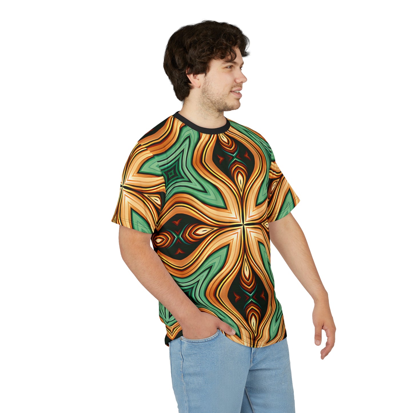 Men's Green & Gold Psychedelic Floral Pattern All-Over Print Tee