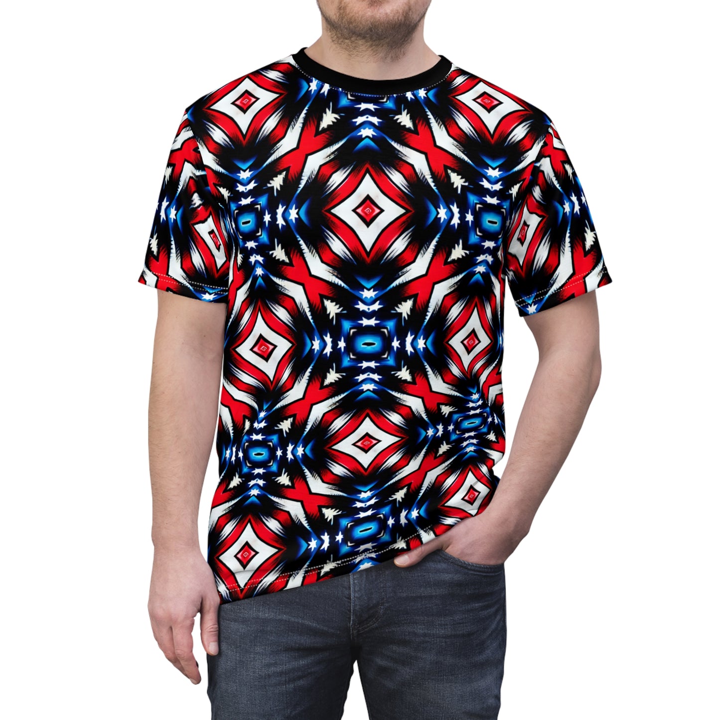 Men's Red White Blue Geometric Pattern All-Over Print Unisex Cut & Sew Tee