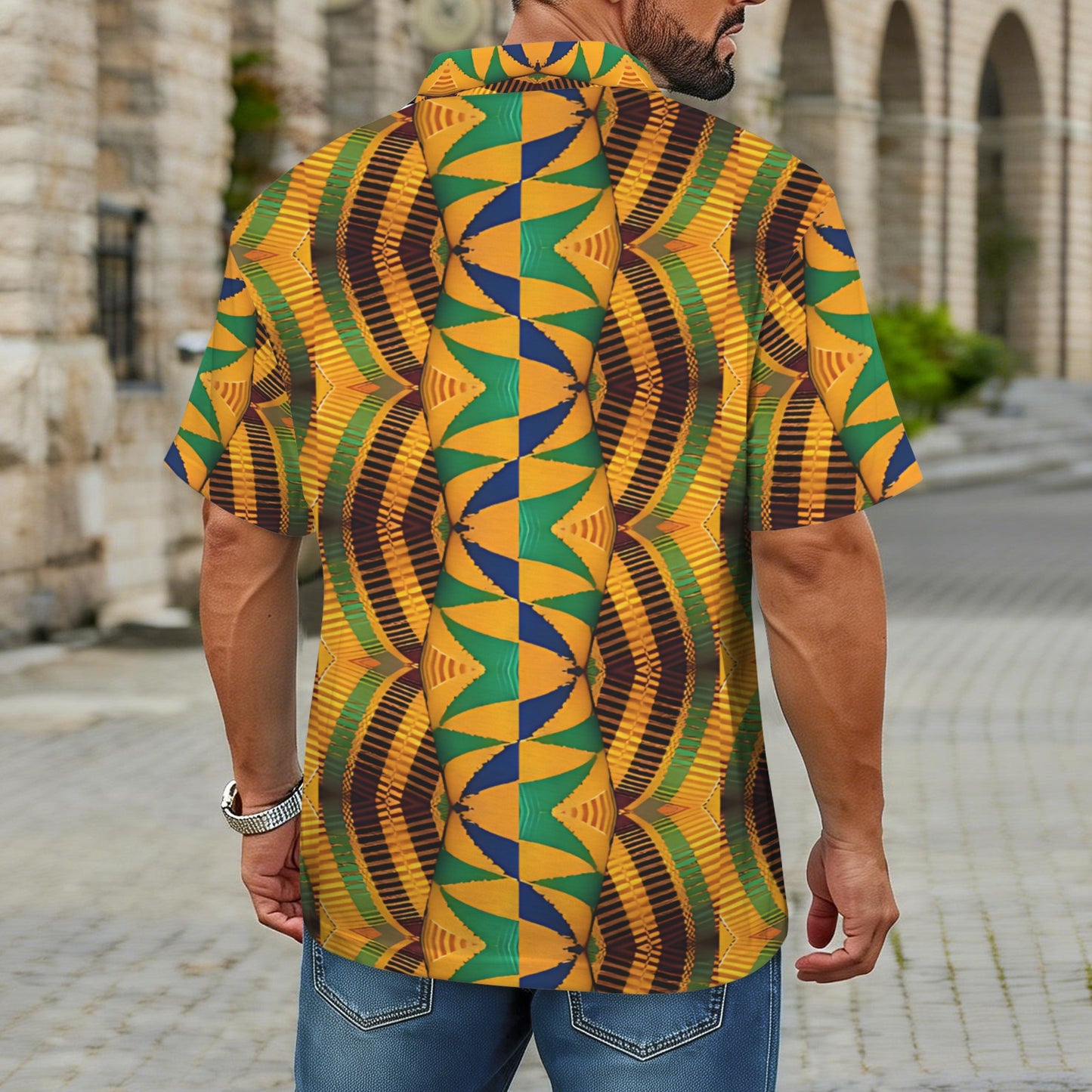 Men's African Kente Geometric Pattern All-Over Print Zipper Polo Shirt